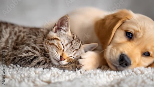 Brown tabby kitten sleeps next to a golden puppy on a plush, white rug