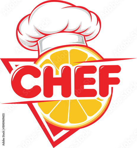 Vector art of citrus chef logo design with orange slice and toque blanche hat