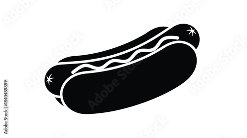 A simple black and white illustration depicting a classic hot dog icon