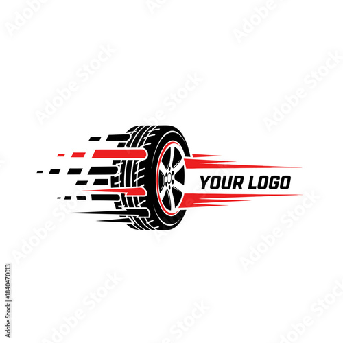 Futuristic tire with motion streaks and customizable logo space conveying