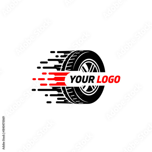 Dynamic tire logo with motion lines conveying speed and automotive energy