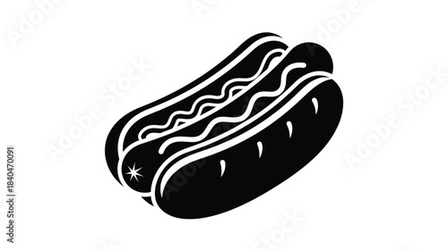 A simple black and white illustration of a classic hot dog
