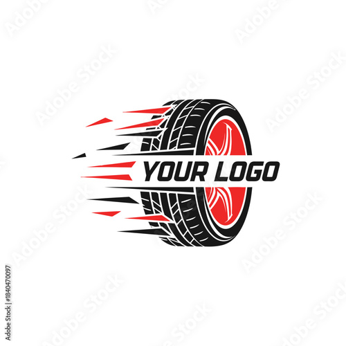 Dynamic tire logo with motion lines and customizable brand space