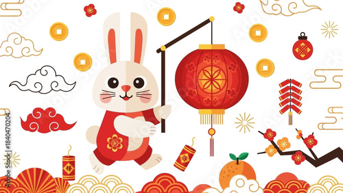 A cheerful rabbit holds a lantern amidst festive Chinese New Year symbols