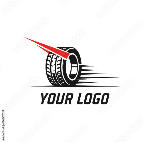 Dynamic tire logo design with motion lines and bold typography for branding