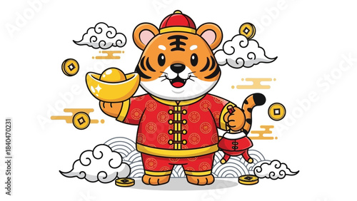 Adorable tiger in traditional attire holds gold ingot and lucky charm