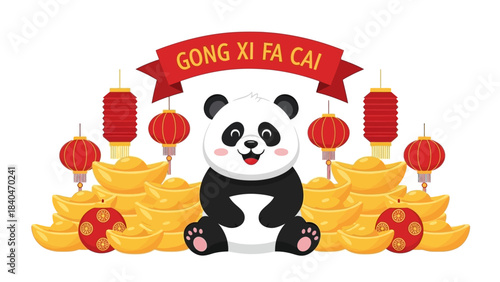 A cute panda sits among gold ingots and red lanterns, under a banner saying 'GONG XI FA CAI'