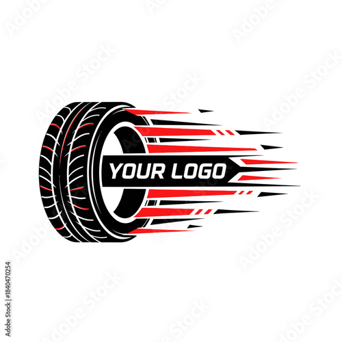 Dynamic tire motion with customizable logo design emphasizing speed and power