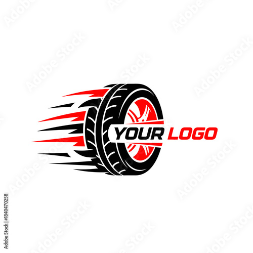 Dynamic automotive racing logo design featuring a stylized tire with motion