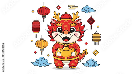 Cute cartoon dragon holding gold, surrounded by festive decorations