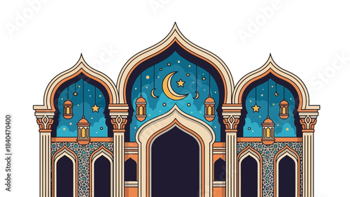 Ornate archway with crescent moon, stars, and hanging lanterns against a starry sky