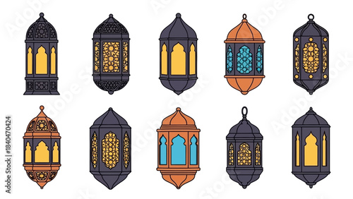 Ten assorted Islamic-style lanterns in various colors and intricate patterns