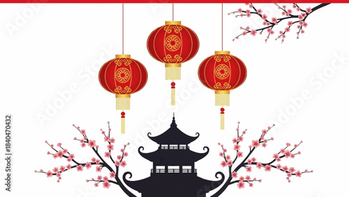 Three red lanterns hang above a pagoda, surrounded by cherry blossoms