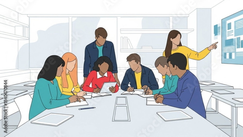Collaborative Synergy: A modern office environment showcases a team engaged in collaborative activity. The composition exudes a sense of partnership and focused discussion around a boardroom table.