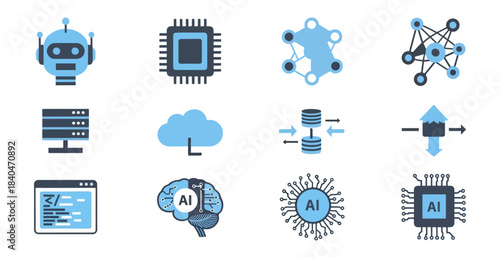 Artificial intelligence icons in cyan and dark gray on black background