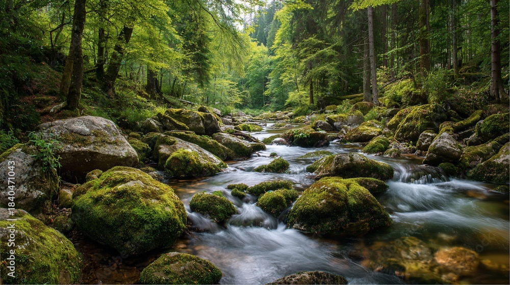 Fototapeta premium Mossy rocks line a stream flowing through a lush, green, temperate forest