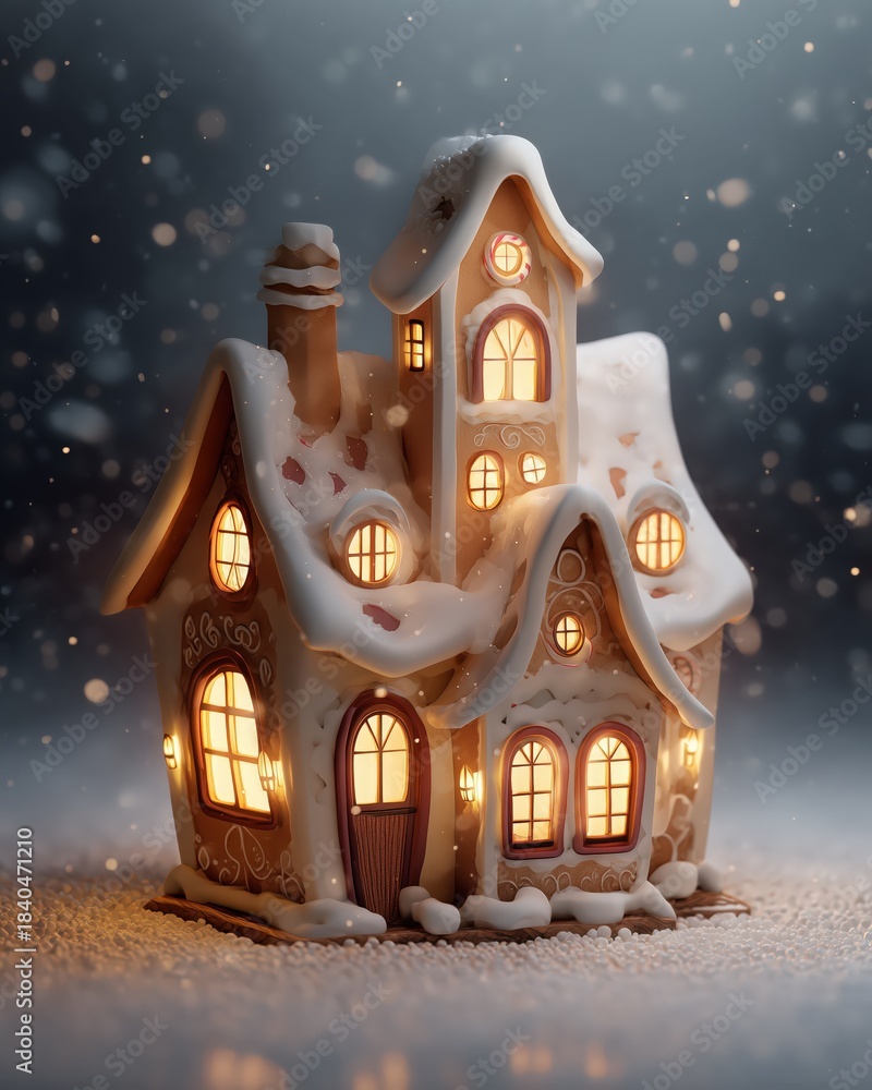 Obraz premium A charming gingerbread house illuminated with warm lights, surrounded by gentle snowfall, evoking a cozy winter atmosphere.