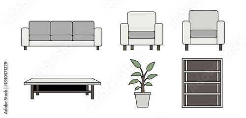 Minimalist interior furniture set illustration against black background