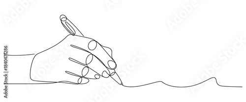 Line art hand writing continuous line art drawing showing minimalist single-line hand illustration with pen for writing, creative projects, conceptual artwork, and educational visuals
