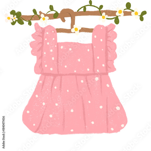 Illustration: A cute cartoon drawing of children's clothes hanging on a clothesline using hangers.