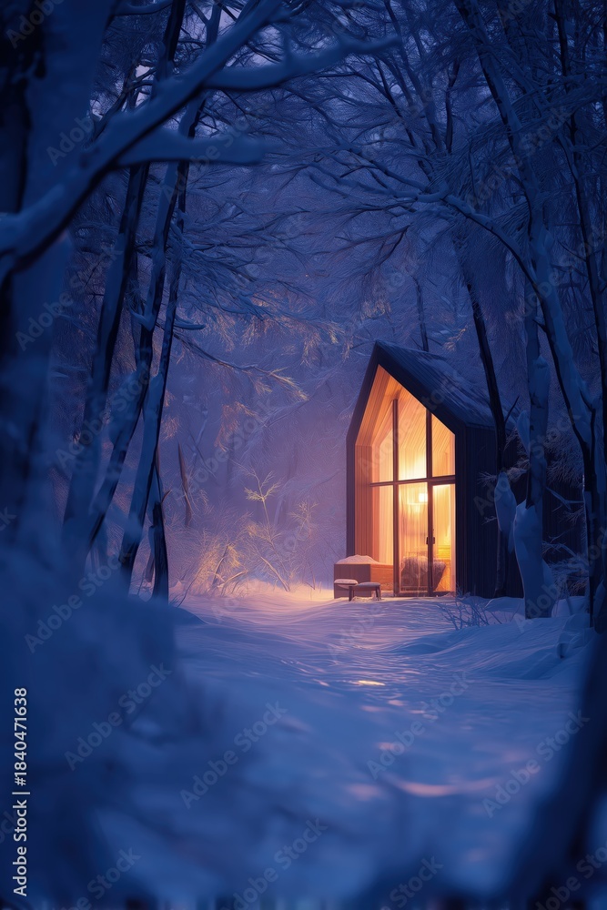 Obraz premium A cozy cabin illuminated in a winter forest, surrounded by snow-covered trees and a tranquil atmosphere, evoking warmth and solitude.