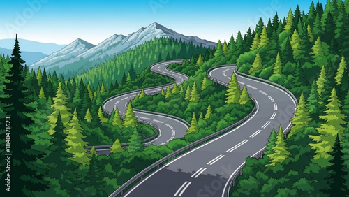 Winding Road in the Mountains: The captivating imagery shows the open road snaking through a lush green forest, leading the viewer on a thrilling adventure through the mountains.