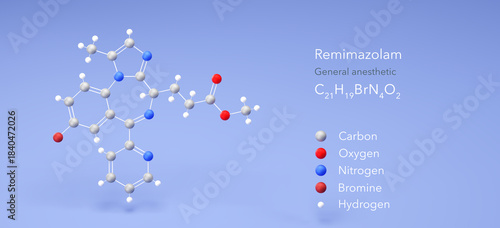 remimazolam molecule, molecular structure, general anesthetic 3d model, Structural Chemical Formula and Atoms with Color Coding