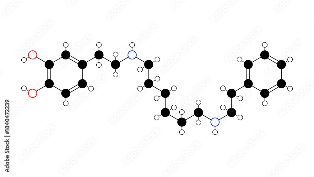 Naklejka premium dopexamine molecule, structural chemical formula, ball-and-stick model, isolated image dopaminergic agonist