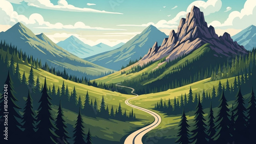 Scenic Mountain Vista: A sweeping vista of verdant valleys and towering peaks unfolds, a winding path beckons through the vibrant landscape towards distant horizons.