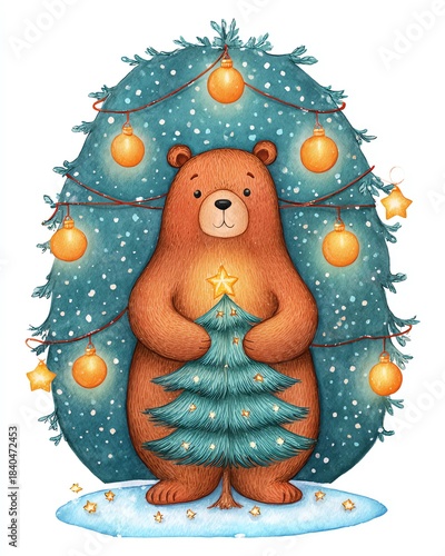 Whimsical watercolor cozy cartoon Christmas A bear stands beside a decorated Christmas tree, creating a whimsical winter scene.