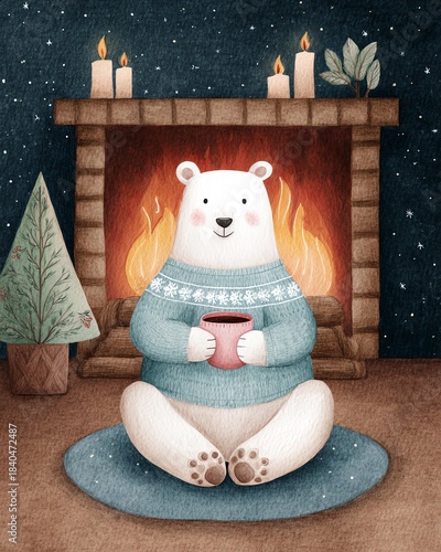 Whimsical watercolor cozy cartoon Christmas A cozy bear in a sweater enjoys a warm drink by the fireplace.