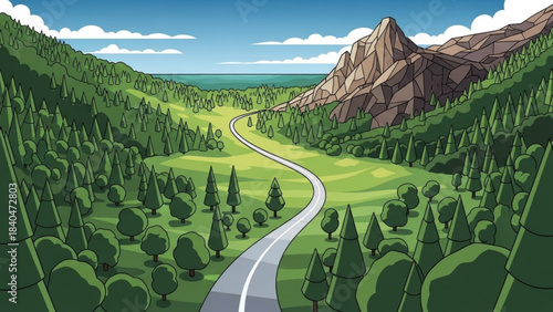Winding Road to the Mountains: A picturesque illustration shows a scenic road disappearing into the horizon, surrounded by lush trees and majestic mountains.