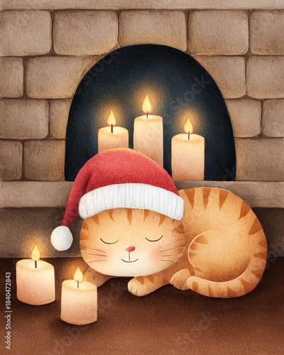 Whimsical watercolor cozy cartoon Christmas A cozy cat in a Santa hat sleeps by glowing candles in a warm setting.