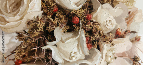 Vintage white roses and dried flowers bouquet. Oil painting style illustration. Rustic autumn floral background with cream roses and red berries. Watercolor art
