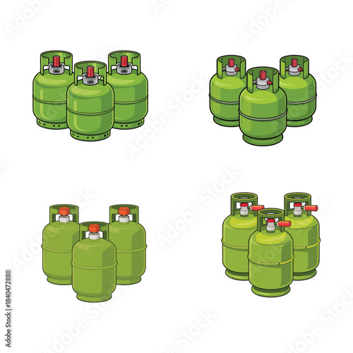 Green LPG Gas Cylinder Vector Illustration Set for Fuel Storage and Energy Safety