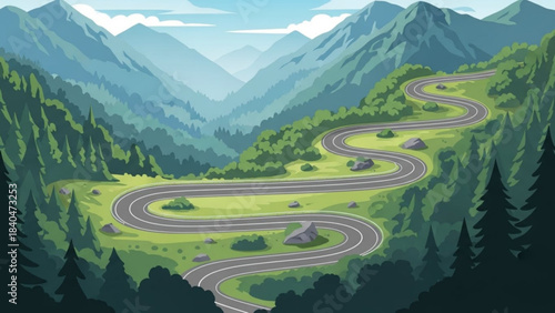 Winding Road to Scenic Mountains: a serpentine road weaves through a vibrant valley, leading the eye toward majestic, layered mountain range. It's a journey into nature's embrace.