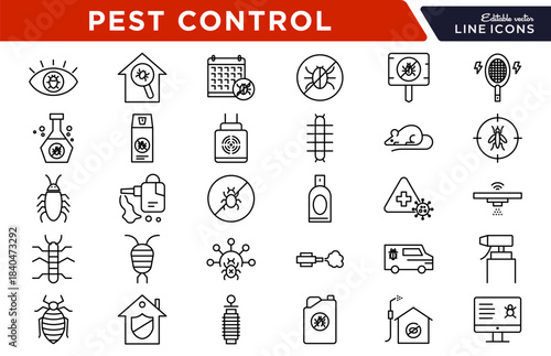 Pest Control line icon set. Insects, bug spray, traps, extermination, termite, mosquito, pest management, home protection pixel-perfect stroke icons
