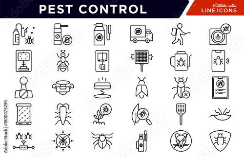 Pest Control line icon set. Insects, rodents, rats, bug spray, traps, extermination, termite, mosquito, cockroach, flea, pest management, home protection icon vector illustration. Pixel-perfect stroke