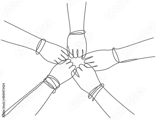 One continuous line drawing of business people joining hands to create a five-star shape, representing teamwork, unity, collaboration, and professional group success in single-line vector style