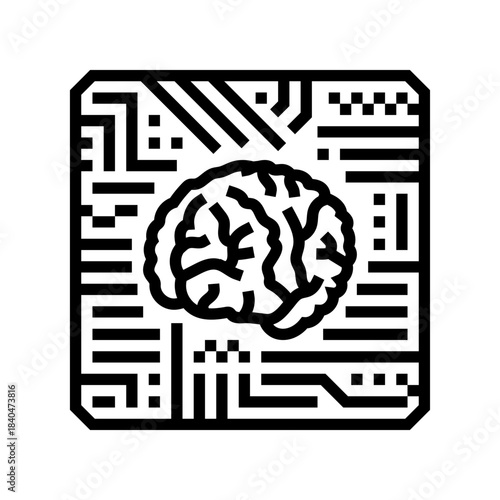 brain inside a circuit board pattern line icon vector illustration