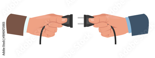 Two hands with electrical outlet and plug. Business teamwork and cooperation. Successful deal and negotiation. Businessman connecting electricity circuit. Vector concept of interaction