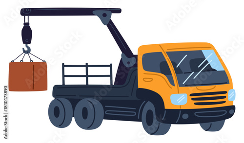 Truck with crane. Vehicle for loading and transporting goods. Car freight delivery. Cargo machine. Box transportation. Packaging lifting with winch. Automobile loader. Vector concept