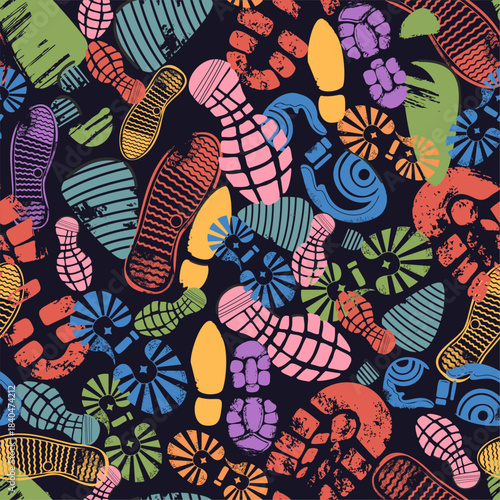 Multicolored prints of different shoes seamless pattern. Color footprints. Sneaker and boot tracking. Way route. Footwear sole imprint. Walk footstep. Dirty shoeprint. Vector background