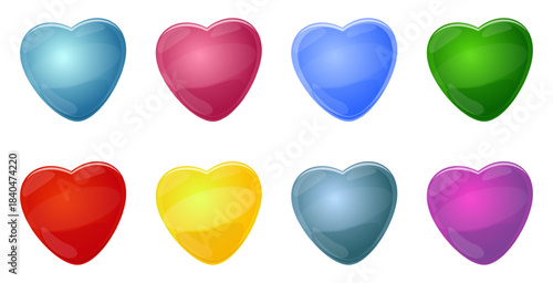 Multicolored glass hearts. Glossy beads. Valentine icon. Wedding balloon. Romantic isolated bubbles. Abstract figure. Party decoration. Vector set of transparent crystal symbols of love