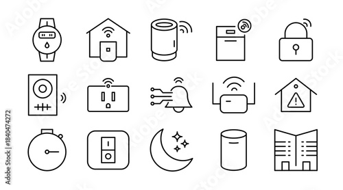Smart Home line icon set. Home automation, IoT, connected devices, security, lighting, thermostat, smart locks, sensors, appliances, remote control, icons vector illustration. Pixel-perfect stroke