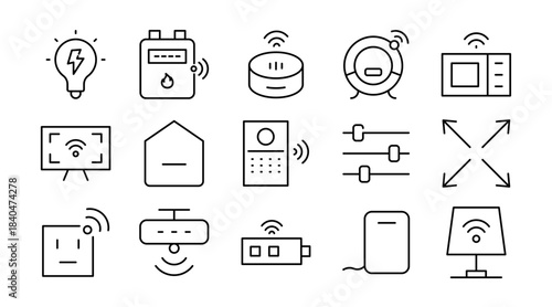 Smart Home line icon set. Home automation, IoT, connected devices, security, lighting, thermostat, smart locks, sensors, appliances, remote control, icons vector illustration. Pixel-perfect stroke