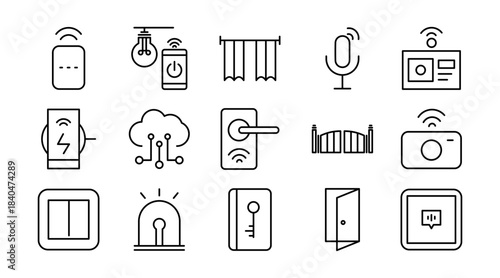 Smart Home line icon set. Home automation, IoT, connected devices, security, lighting, thermostat, smart locks, sensors, appliances, remote control, icons vector illustration. Pixel-perfect stroke