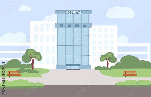 Large glass building of city hospital against backdrop of large city houses. Medicine and health care service. Clinic architecture facade. Empty yard. Emergency help. Vector background