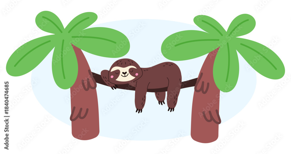 Obraz premium Cute cartoon sloth sleeps on branch or vine between two palm in jungle. Sleepy animal lying on hammock and napping. Beach relaxation. Mammal recreation on liana. Vector lazy character