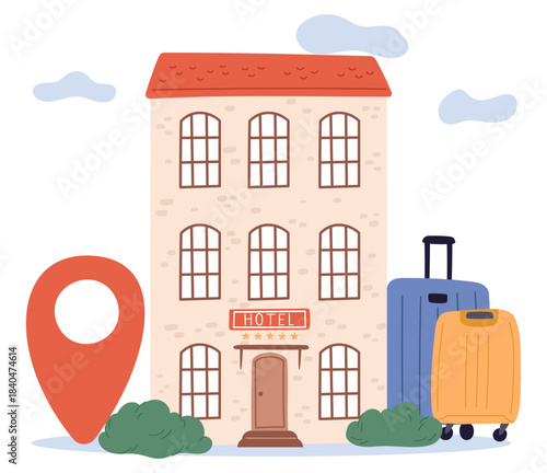 Five star hotel buildings with geotags and road suitcases. Booking hostel for trip. Location GPS pin. Travel baggage. Motel accommodation reservation. Tourist registration. Vector concept